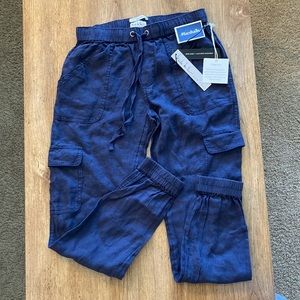 NWT Nicole Miller 100% Linen Pants (XS) Blue, Tie-waist, Elastic Hem